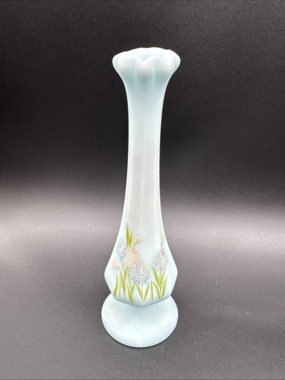 VTG Fenton Blue Satin Bud Vase Sparkle Aster Flowers Handpainted Signed 7.5”